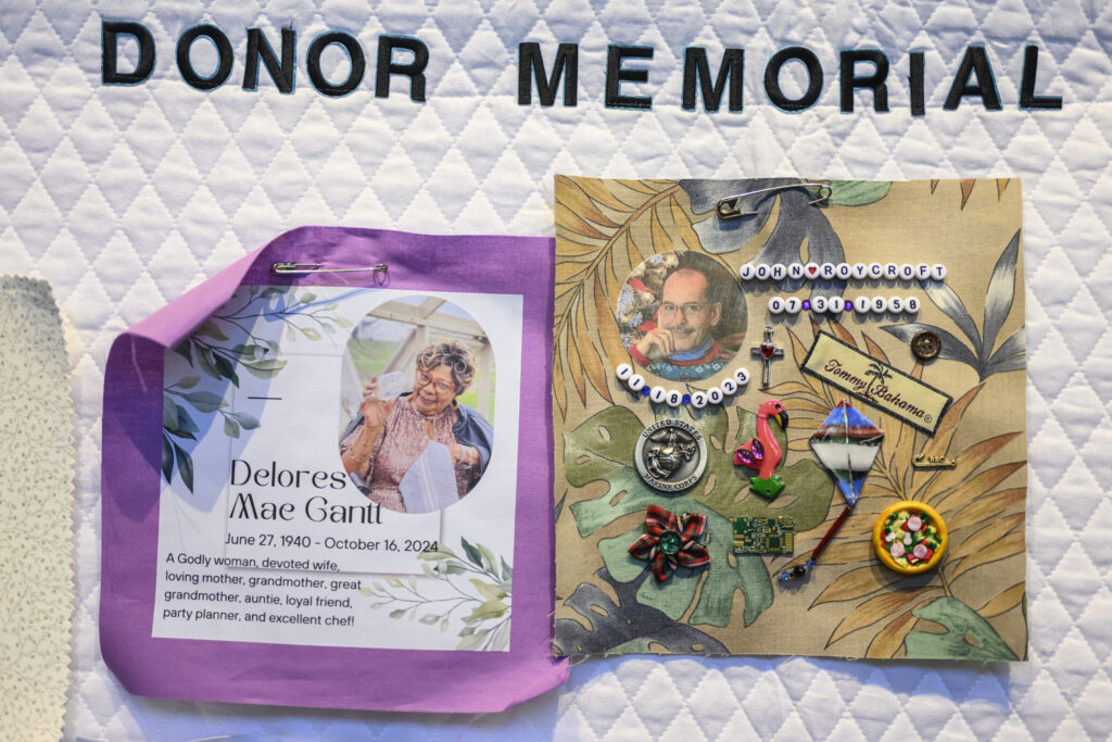 Donor memorial quilts at Infinite Legacy's Ceremony of Remembrance to honor donor heroes.