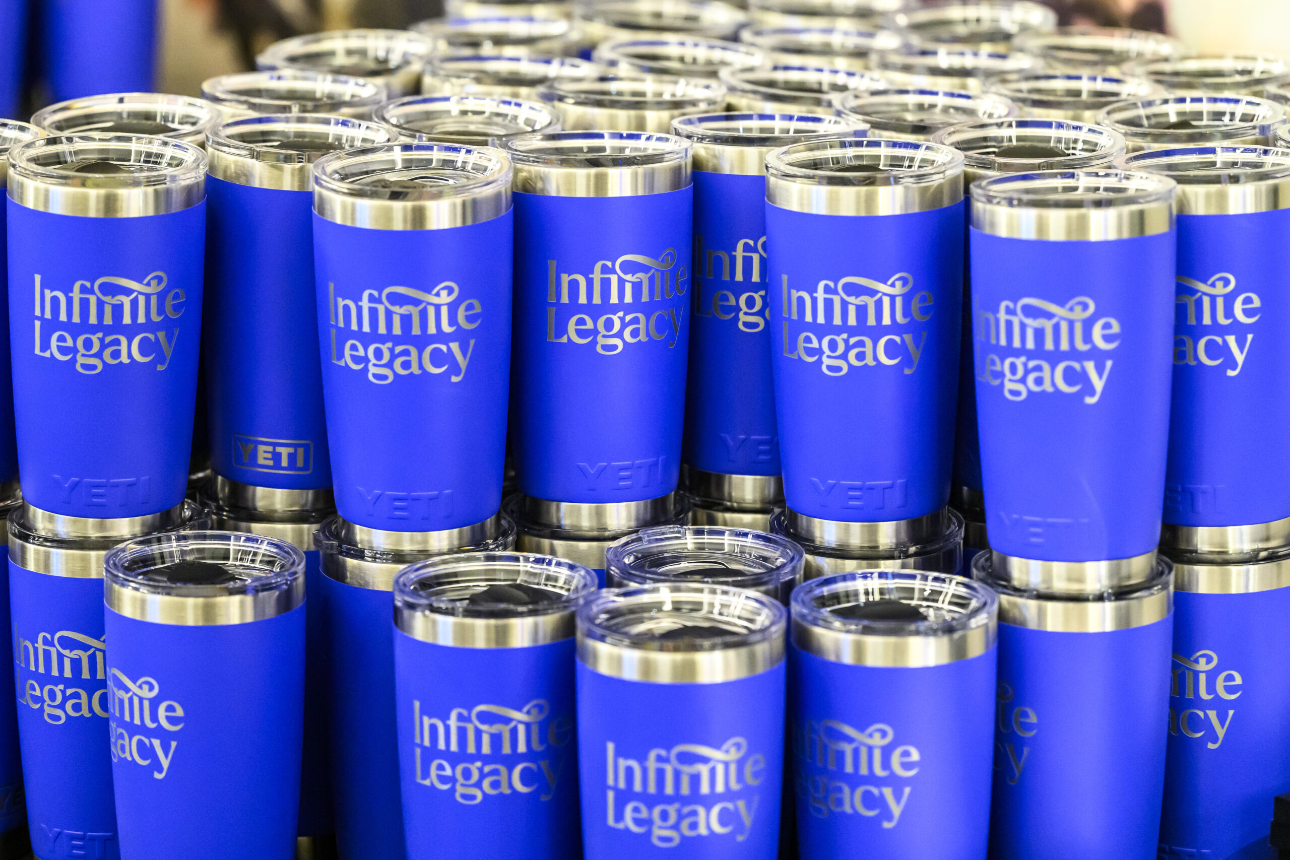 Stacked Infinite Legacy YETI tumblers at the 2025 Synergy Conference.