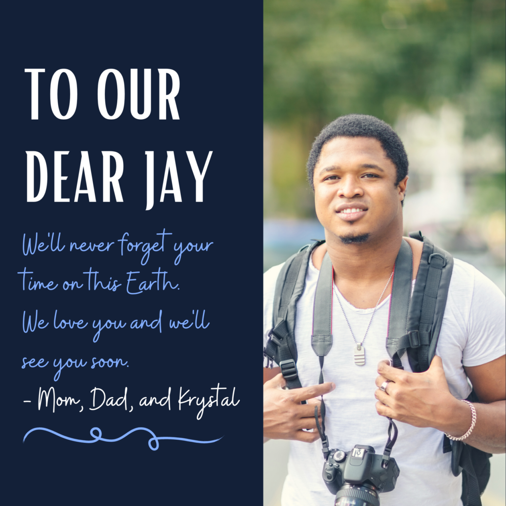 A digital memorial quilt example to honor donor hero Jay at Infinite Legacy's annual Ceremony of Remembrance.